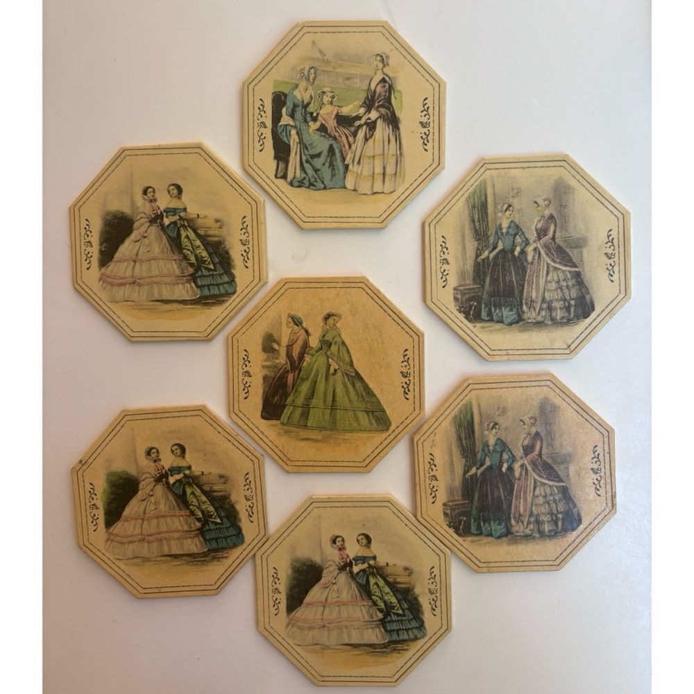 TW Antique Victorian paper every day coasters / Set of 7/ In Box